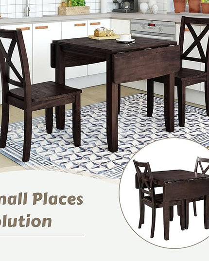 Dining Room Table Set for 2, 3-Piece Wood Kitchen Table Set with Drop Leaf and 2 X-back Chairs, Breakfast Nook Dining Table Set for Small Place, Espresso - LeafyLoom