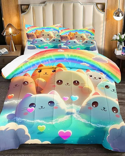 Queen Cat Comforter Set, Girls Kawaii Cat Bedding Sets, 1 Comforter+2 Pillowcases, Microfiber, Printed, Modern Style, 3 Pieces - LeafyLoom