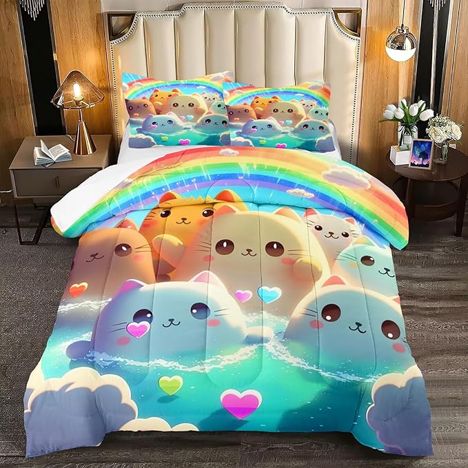 Queen Cat Comforter Set, Girls Kawaii Cat Bedding Sets, 1 Comforter+2 Pillowcases, Microfiber, Printed, Modern Style, 3 Pieces - LeafyLoom