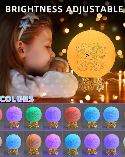 Moon Lamp, 3.9 Inch 3D Moon Night Light Gifts for 3 4 5 6 7 8 9 10 11 12 13+ Year Old Girls Birthday, Unicorn Gifts for Girls Age 3 4 5 6-8+ 16 Colors with Crown Stand & Remote Control - LeafyLoom