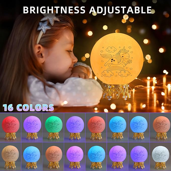 Moon Lamp, 3.9 Inch 3D Moon Night Light Gifts for 3 4 5 6 7 8 9 10 11 12 13+ Year Old Girls Birthday, Unicorn Gifts for Girls Age 3 4 5 6-8+ 16 Colors with Crown Stand & Remote Control - LeafyLoom