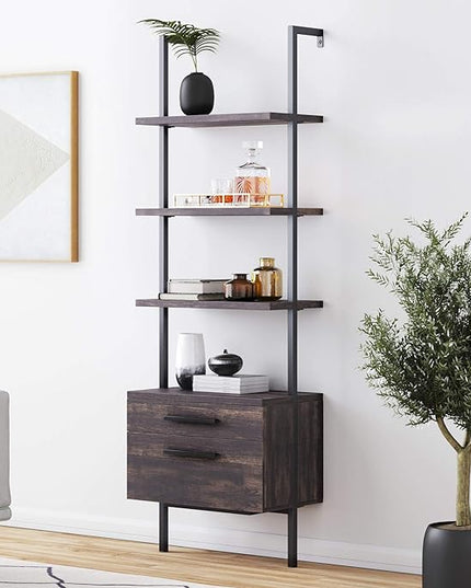 Nathan James Theo Industrial Bookshelf with Wood Drawers and Matte Steel Frame, 3-Shelf, Nutmeg/Black - LeafyLoom