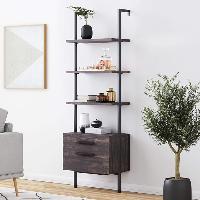 Nathan James Theo Industrial Bookshelf with Wood Drawers and Matte Steel Frame, 3-Shelf, Nutmeg/Black - LeafyLoom