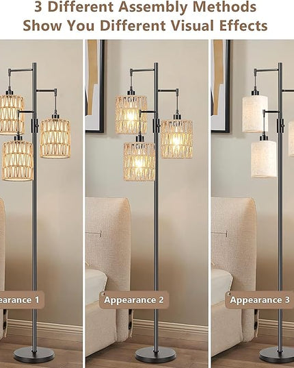 Dimmable Floor Lamp for Living Room with 3 Rattan Boho Shades,Farmhouse Floor Lamps with Three Led Bulb, Boho Rustic Standing Lamp Black Tree Tall Floor Pole Lamp for Living Bedroom,Office,Corner - LeafyLoom