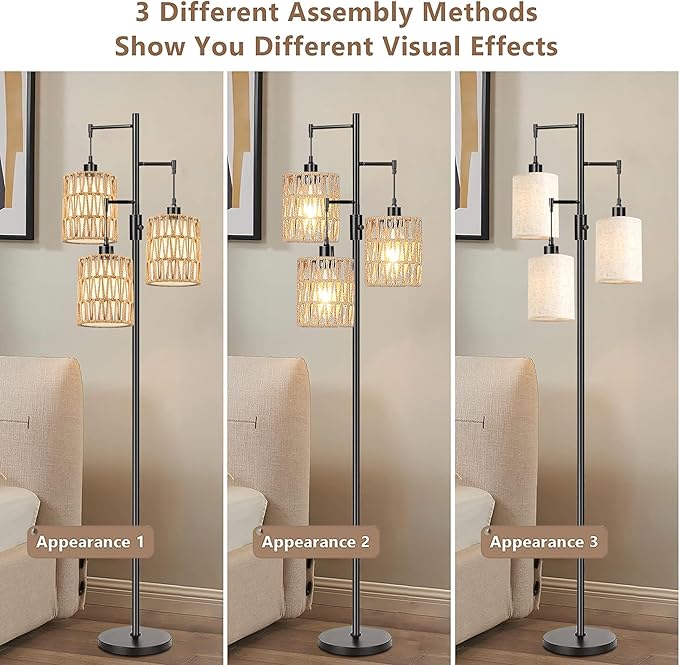 Dimmable Floor Lamp for Living Room with 3 Rattan Boho Shades,Farmhouse Floor Lamps with Three Led Bulb, Boho Rustic Standing Lamp Black Tree Tall Floor Pole Lamp for Living Bedroom,Office,Corner - LeafyLoom