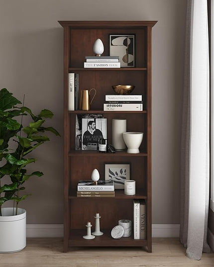 SIMPLIHOME Amherst SOLID WOOD 30 Inch Transitional 5 Shelf Bookcase in Russet Brown, For the Living Room, Study Room and Office - LeafyLoom