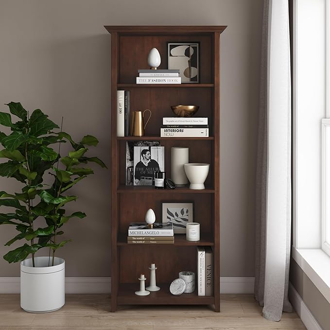 SIMPLIHOME Amherst SOLID WOOD 30 Inch Transitional 5 Shelf Bookcase in Russet Brown, For the Living Room, Study Room and Office - LeafyLoom