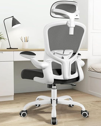FelixKing Office Chair with Headrest, Home Office Desk Chairs with Flip-Up Armrests, Adjustable Height Ergonomic Office Chair Lumbar Support, Mesh Backrest Computer Chair (White) - LeafyLoom