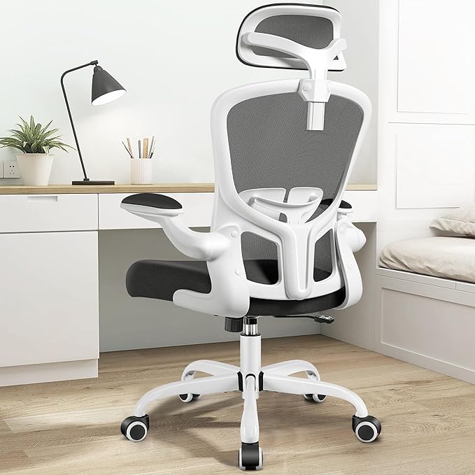 FelixKing Office Chair with Headrest, Home Office Desk Chairs with Flip-Up Armrests, Adjustable Height Ergonomic Office Chair Lumbar Support, Mesh Backrest Computer Chair (White) - LeafyLoom