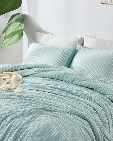 ENCOFT Green Comforter Twin, 3 Piece Elegant Textured White and Green Striped Twin Comforter Set, Ultra Soft All Seasons Extra Long Twin XL Comforter, with 2 Pillowcases, 68" x 90" - LeafyLoom