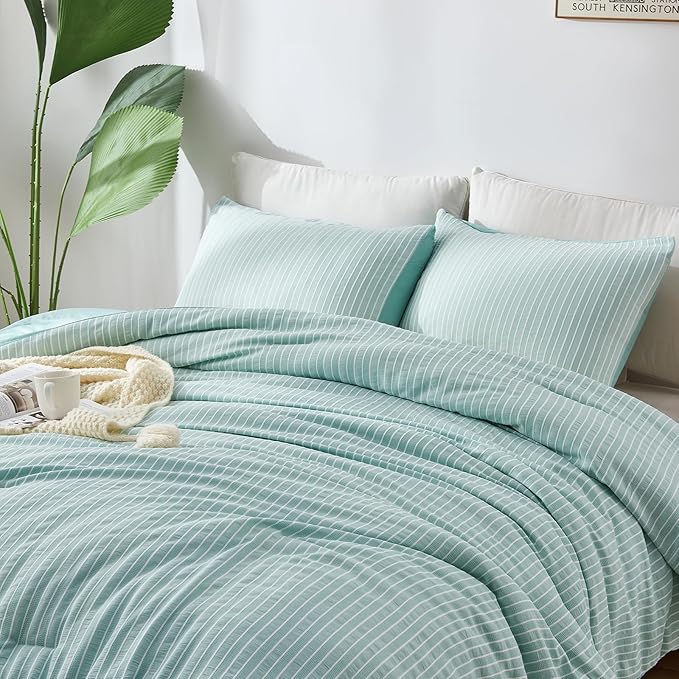 ENCOFT Green Comforter Twin, 3 Piece Elegant Textured White and Green Striped Twin Comforter Set, Ultra Soft All Seasons Extra Long Twin XL Comforter, with 2 Pillowcases, 68" x 90" - LeafyLoom