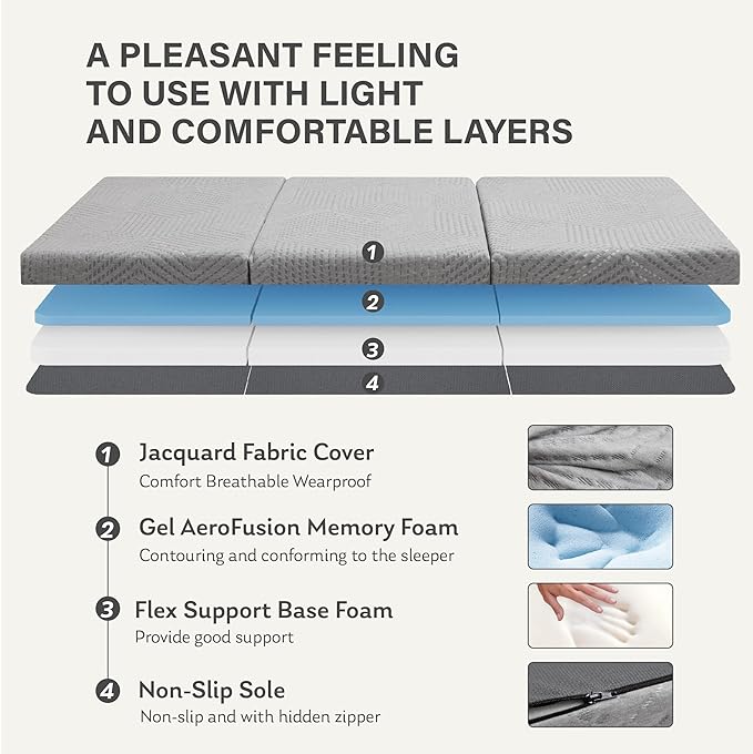 Tri-Fold Memory Foam Mattress, 4 inch Queen Folding Mattress with Collapsible and Washable Cover, Travel and Guest Mat, 80"×60"×4", Grey - LeafyLoom