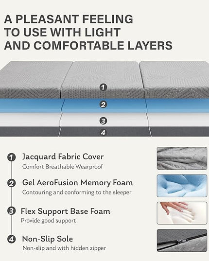 Tri-Fold Memory Foam Mattress, 4 inch King Folding Mattress with Collapsible and Washable Cover, Travel and Guest Mat, 80"×76"×4", Grey - LeafyLoom