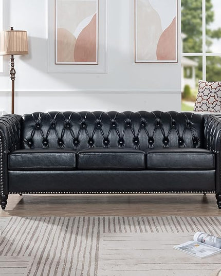 3-Seaters Living Room Clasic Chesterfield Sofa Couch Button Tufted PU Leather Upholstered Sofa&Couch with Luxury Roller Armrest Soild Wood Legs Movable Cushions & Nailhead Decor - LeafyLoom