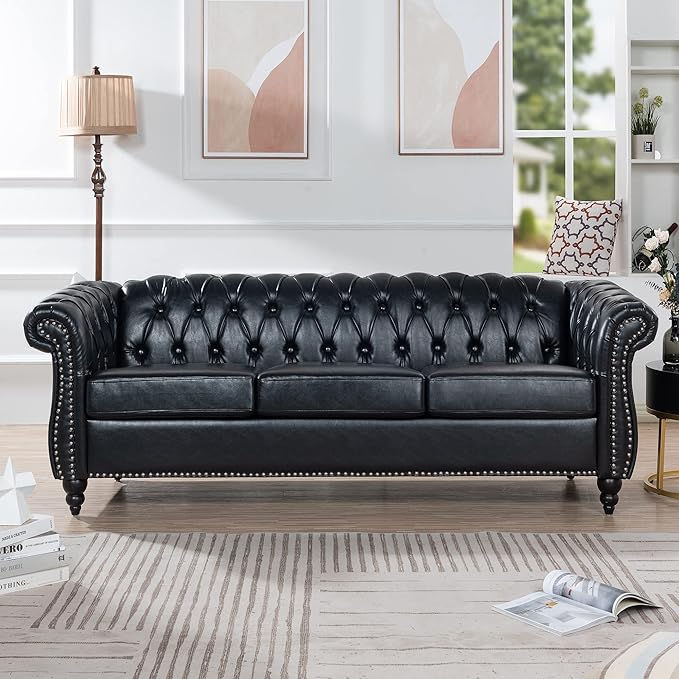3-Seaters Living Room Clasic Chesterfield Sofa Couch Button Tufted PU Leather Upholstered Sofa&Couch with Luxury Roller Armrest Soild Wood Legs Movable Cushions & Nailhead Decor - LeafyLoom