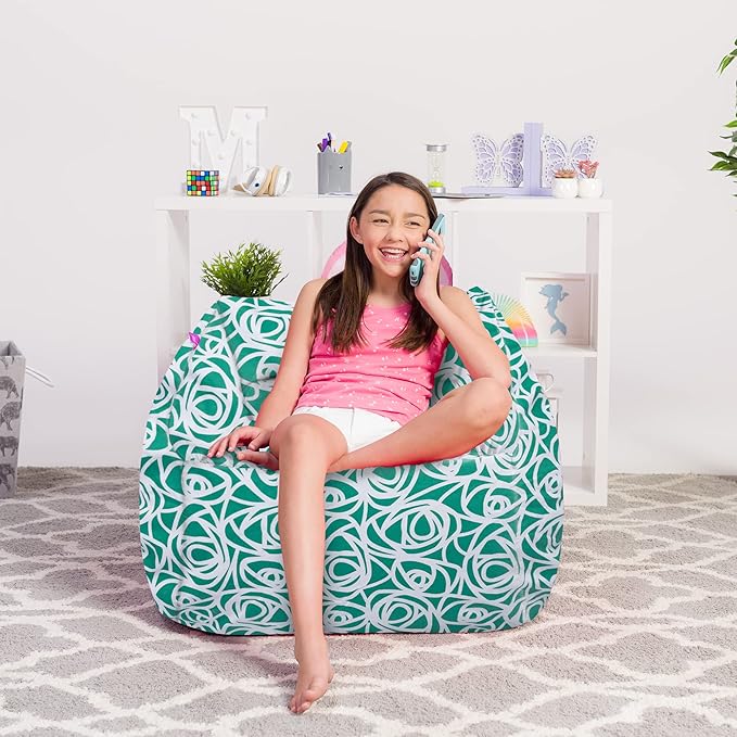Posh Creations Structured Comfy Bean Bag Chair for Gaming, Reading, and Watching TV, Coronado Chair, Canvas - Roses Mint - LeafyLoom