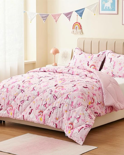 Twin Unicorn Comforters for Boys, 3 Pieces Kids Unicorn Bedding Kids Comforter Sets, Super Soft Lightweight for All Seasons, Includes 1 Comforter (88"x88") and 2 Pillowcase (20"x26"+2") - LeafyLoom