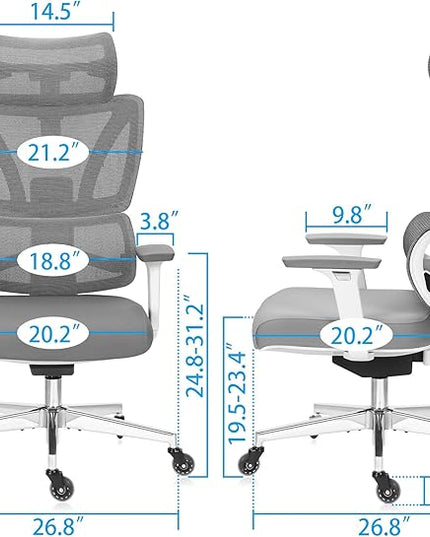 C19 Ergonomic Mesh Office Chair with Adjustable Height Lumbar Support，3D Armrest & Headrest，Tilt Function，Blade Wheel for High Back Desk Chair，Swivel Big and Tall Computer Chair (White) - LeafyLoom