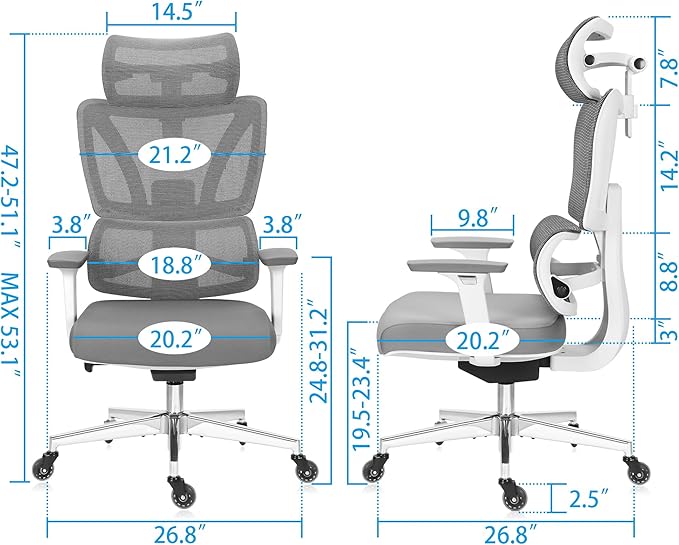 C19 Ergonomic Mesh Office Chair with Adjustable Height Lumbar Support，3D Armrest & Headrest，Tilt Function，Blade Wheel for High Back Desk Chair，Swivel Big and Tall Computer Chair (White) - LeafyLoom