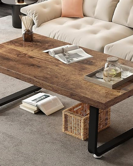 HSH Wooden Coffee Table, Industrial Rectangle Center Table, Modern Minimalist Coffee Table for Living Room, Farmhouse Wood and Metal Cocktail Tea Table for Bedroom Home Office, Rustic Brown, 47 in - LeafyLoom
