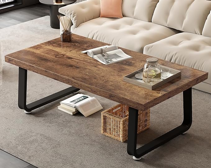 HSH Wooden Coffee Table, Industrial Rectangle Center Table, Modern Minimalist Coffee Table for Living Room, Farmhouse Wood and Metal Cocktail Tea Table for Bedroom Home Office, Rustic Brown, 47 in - LeafyLoom