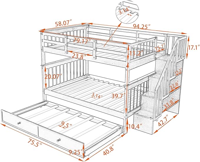 Stairway Bunk Bed Full Over Full with Twin Size Trundle and Stairs Storage, Wooden 3 Bedframe for Kids Teens Adults, Bedroom Furniture, can be Detachabled, Espresso - LeafyLoom