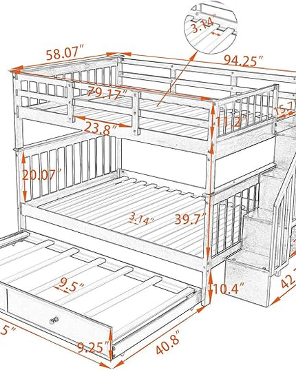 Stairway Full-Over-Full Bunk Bed with Twin Size Trundle, Storage Stairs and Guard Rail, 3-in-1 Bedframe for Bedroom Dorm, Kids Teens Adults, Gray - LeafyLoom