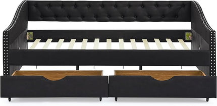 Full Size Daybed with 2 Drawers, Upholstered Tufted Day Bed, with Button Back and Waved Shape Arms, Wood Slat Support, No Spring Box Need, for Bedroom, Livingroom - LeafyLoom