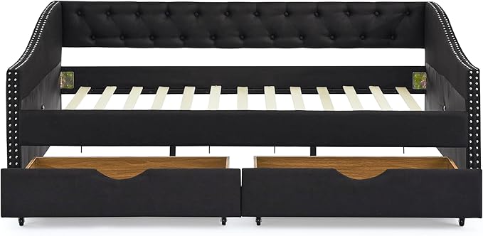 Full Size Daybed with 2 Drawers, Upholstered Tufted Day Bed, with Button Back and Waved Shape Arms, Wood Slat Support, No Spring Box Need, for Bedroom, Livingroom - LeafyLoom
