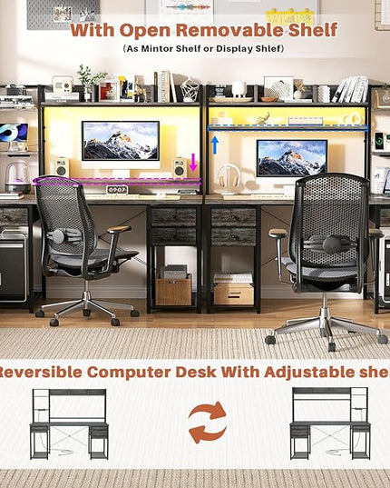 Aheaplus Desk with LED and Outlets, Gaming Desk with Hutch, 47.2'' Computer Desk with Drawers, Reversible office desk with storage bookshelf Large Workstation Desk with Shelf, Desk for Home, Black Oak - LeafyLoom