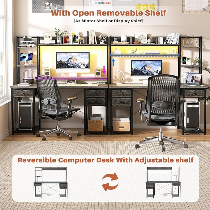 Aheaplus Desk with LED and Outlets, Gaming Desk with Hutch, 47.2'' Computer Desk with Drawers, Reversible office desk with storage bookshelf Large Workstation Desk with Shelf, Desk for Home, Black Oak - LeafyLoom