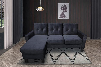 72.5" Velvet Reversible Sectional Modular Sofa with Reorganizable Chaise, L Shaped Tufted Upholstery Couch Large Lounge Sleeper for Living Room Office Apartment, Black - LeafyLoom