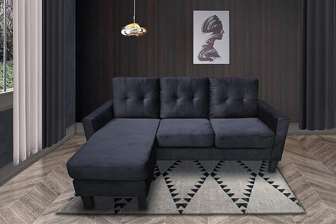 72.5" Velvet Reversible Sectional Modular Sofa with Reorganizable Chaise, L Shaped Tufted Upholstery Couch Large Lounge Sleeper for Living Room Office Apartment, Black - LeafyLoom