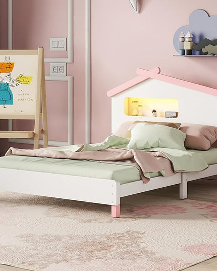 Bellemave Full Size Platform Bed with House-Shaped Headboard and Motion Activated Night Lights,Wood Twin Kids Bed Frame for Girls,Boys(Twin,Pink) - LeafyLoom