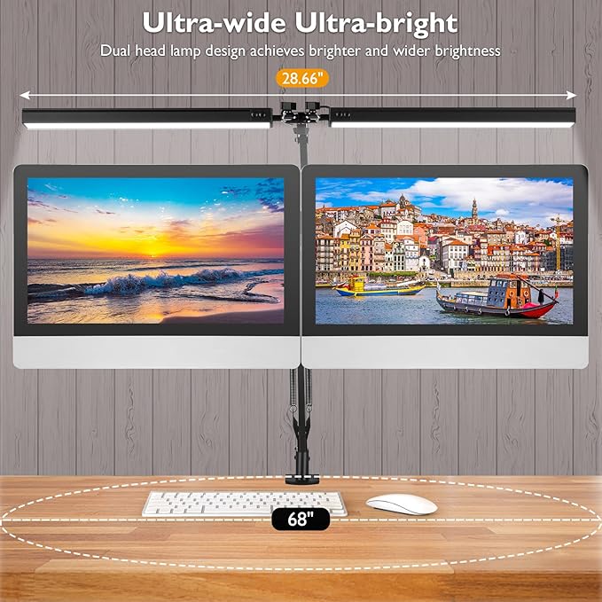 LED Desk Lamp with Clamp, Super Bright Double Head Desk Lamps for Home Office, 5 Color Modes, 10%~100% Dimmable Brightness, Architect Task Desk Light, Modern Swing Arm Workbench Desk Lighting - LeafyLoom