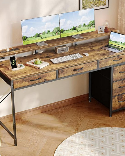 Gaming Desk with 6 Drawers, Computer Desk with LED Lights Power Outlets and Type-C, 54 Inch Office Desk with Storage, Monitor Stand, Writing Desk Work Desk for Home Office, Study, Rustic Brown - LeafyLoom