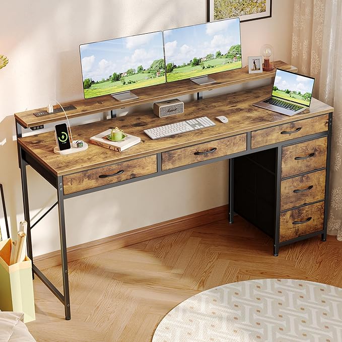 Gaming Desk with 6 Drawers, Computer Desk with LED Lights Power Outlets and Type-C, 54 Inch Office Desk with Storage, Monitor Stand, Writing Desk Work Desk for Home Office, Study, Rustic Brown - LeafyLoom
