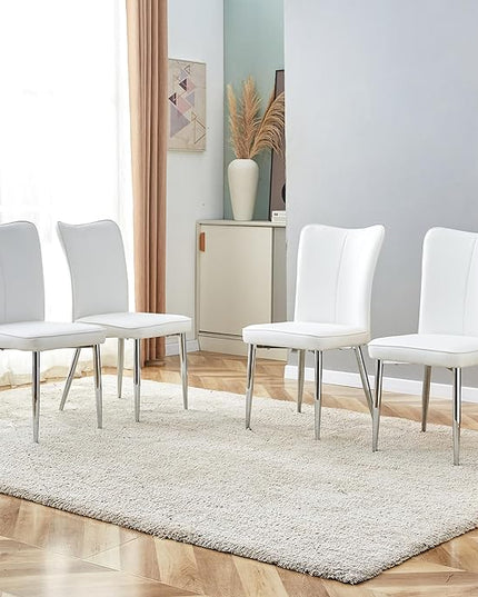Modern Dining Chairs Set of 4, PU Leather Seat Cushions White Dining Room Chair, with Silver Metal Legs Kitchen Chair for Home Living Room, Restaurant - LeafyLoom