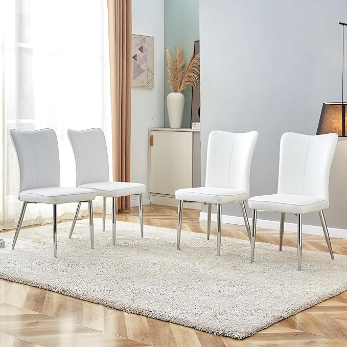 Modern Dining Chairs Set of 4, PU Leather Seat Cushions White Dining Room Chair, with Silver Metal Legs Kitchen Chair for Home Living Room, Restaurant - LeafyLoom