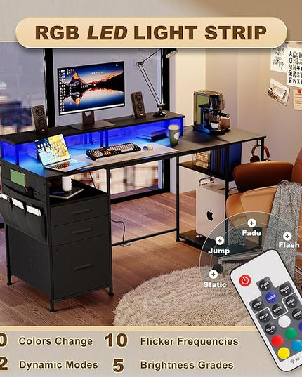 Computer Desk with 3 File Cabinet Drawers, 57.8'' Reversible Gaming Desk with LED Lights and Power Outlets, Office Desk with Storage Shelves and Dual Monitor Stand for Home & Office (Black) - LeafyLoom