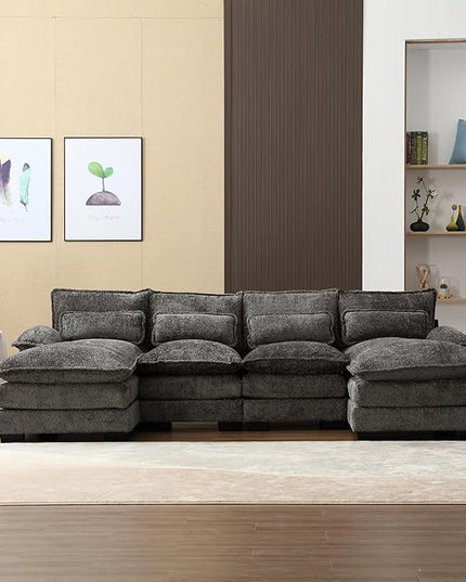 Oversized Modular Sectional Sofa Cloud Couch, U Shaped Chenille Upholstered Overstuffed Corner Couch with Double Chiase Lounge and Solid Wood Legs, 6 Seater Soft Sleeper Sofa&Couches for Home - LeafyLoom