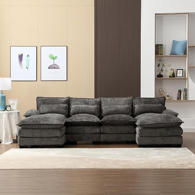 Oversized Modular Sectional Sofa Cloud Couch, U Shaped Chenille Upholstered Overstuffed Corner Couch with Double Chiase Lounge and Solid Wood Legs, 6 Seater Soft Sleeper Sofa&Couches for Home - LeafyLoom