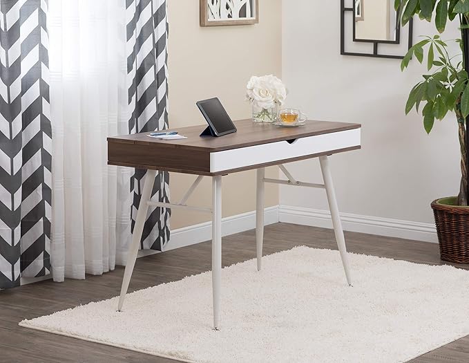 Calico Designs Alcove Modern Desk with Large Split Drawer Storage, White/Chestnut - LeafyLoom