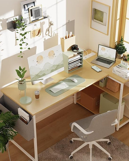 L Shaped Computer Desk with Power Outlets, 47 Inch Gaming Desk, Small Desk Corner Desk with Reversible Shelves, Study Desk Writing Desk for Home Office Bedroom, Work from Home, Beige - LeafyLoom