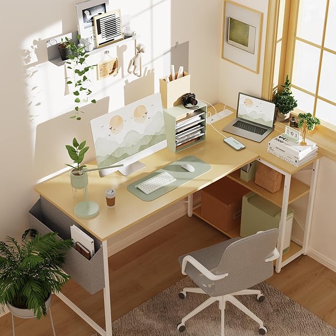 L Shaped Computer Desk with Power Outlets, 47 Inch Gaming Desk, Small Desk Corner Desk with Reversible Shelves, Study Desk Writing Desk for Home Office Bedroom, Work from Home, Beige - LeafyLoom