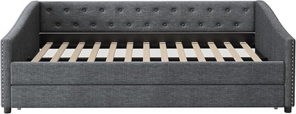 Full Size Daybed with Trundle, Upholstered Tufted Sofa Bed with Button on Back and Piping on Waved Shape Arms for Bedroom, Apartment, Living Room, Wooden Slats Support, Dark Grey - LeafyLoom