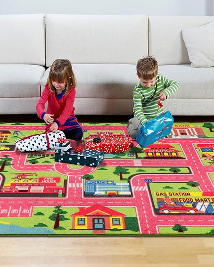 Kids Carpet Playmat Rug 59"x39.4", Car Rug for Kids Cars, Non-Slip Town City Road Map Kids Rug for Playroom Bedroom Boys, Kids Car Mat Road Rug, Track Rug Car Play Rug for Kids (59X39.4 INCH-Pink) - LeafyLoom