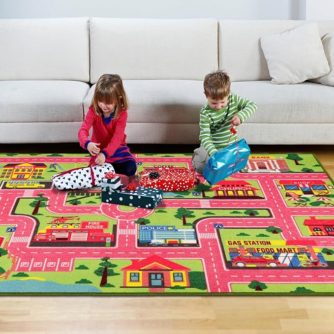Kids Carpet Playmat Rug 59"x39.4", Car Rug for Kids Cars, Non-Slip Town City Road Map Kids Rug for Playroom Bedroom Boys, Kids Car Mat Road Rug, Track Rug Car Play Rug for Kids (59X39.4 INCH-Pink) - LeafyLoom