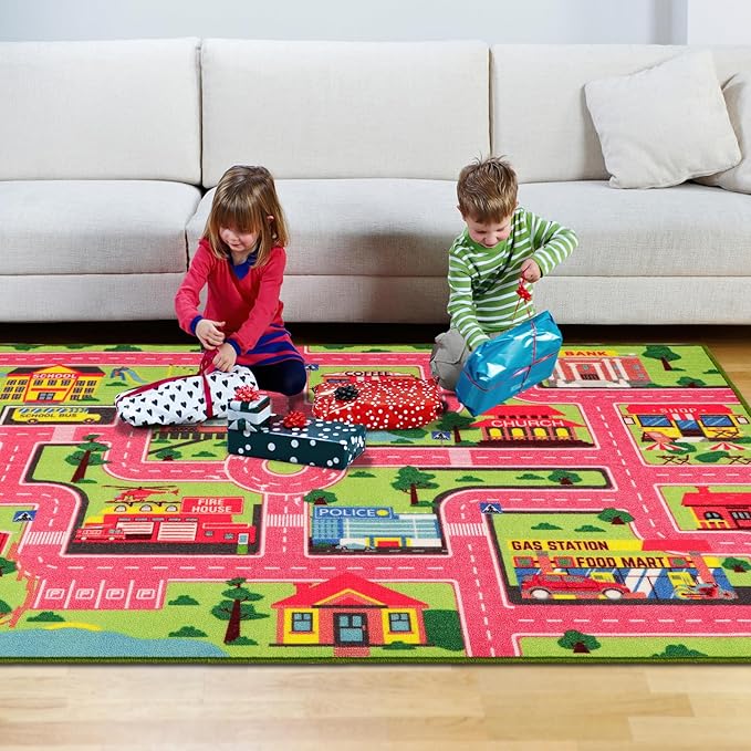 Kids Carpet Playmat Rug 78.7"x59", Car Rug for Kids Cars, Non-Slip Town City Road Map Kids Rug for Playroom Bedroom Boys, Kids Car Mat Road Rug, Track Rug Car Play Rug for Kids (78.7X59 INCH-Pink) - LeafyLoom
