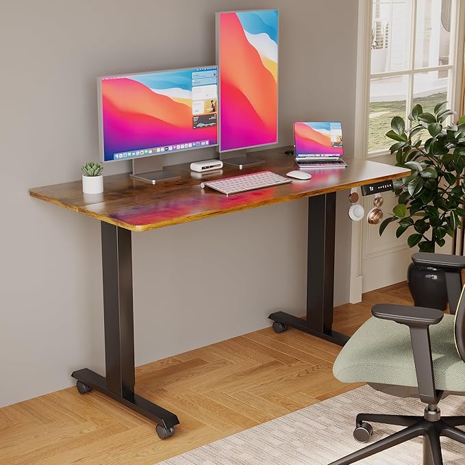 Electric Standing Desk 48 Inch, Ergonomic Height Adjustable Table with T-Shaped Metal Bracket Modern Computer Workstations for Home Office, Rustic Brown - LeafyLoom